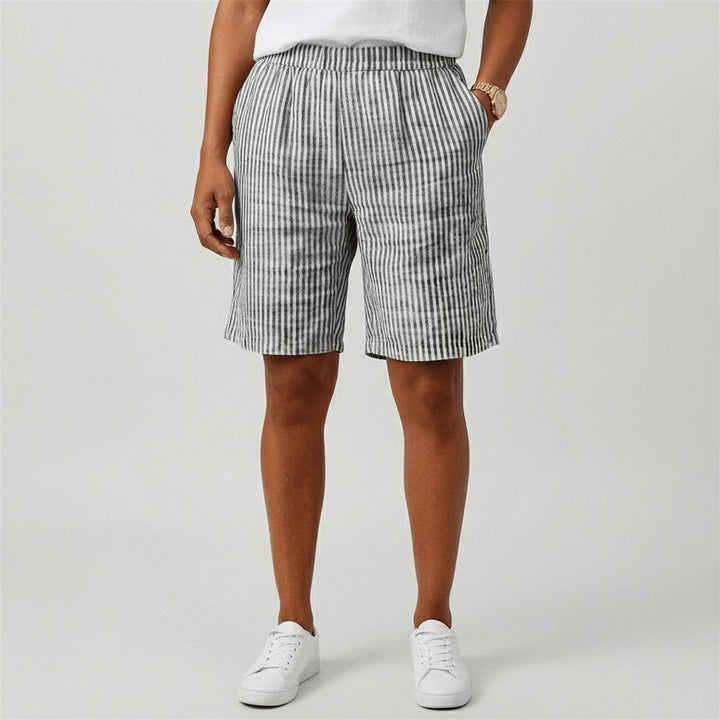 Women's Relaxed-Fit Elastic-Waist Striped Linen Bermuda Shorts - Monochrome Grey