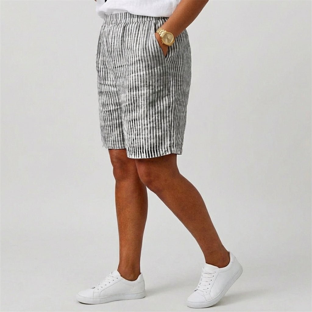 Women's Relaxed-Fit Elastic-Waist Striped Linen Bermuda Shorts