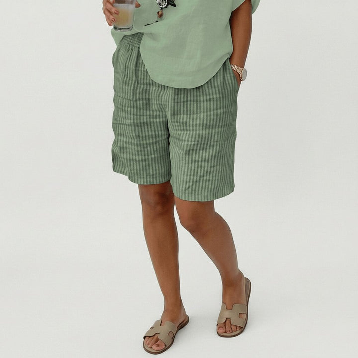 Women's Relaxed-Fit Elastic-Waist Striped Linen Bermuda Shorts - Mint Green