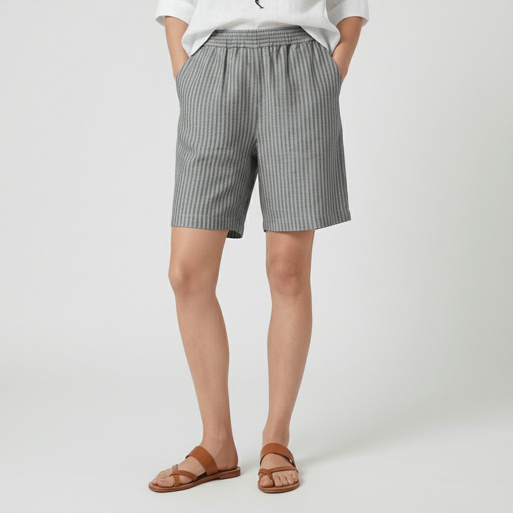 Women's Relaxed-Fit Elastic-Waist Striped Linen Bermuda Shorts - Stone Grey