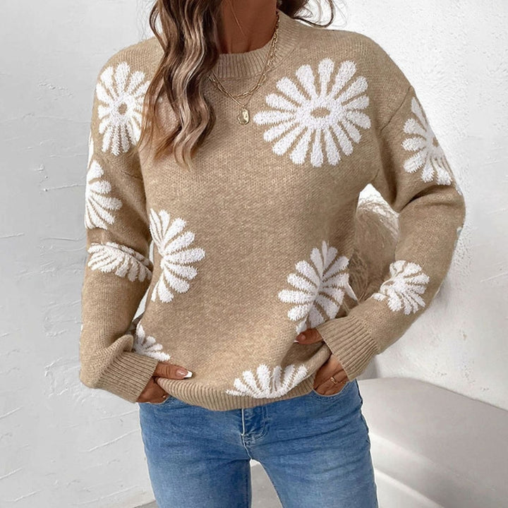 Women's Relaxed-Fit Floral Intarsia Crewneck Knit Sweater - Khaki