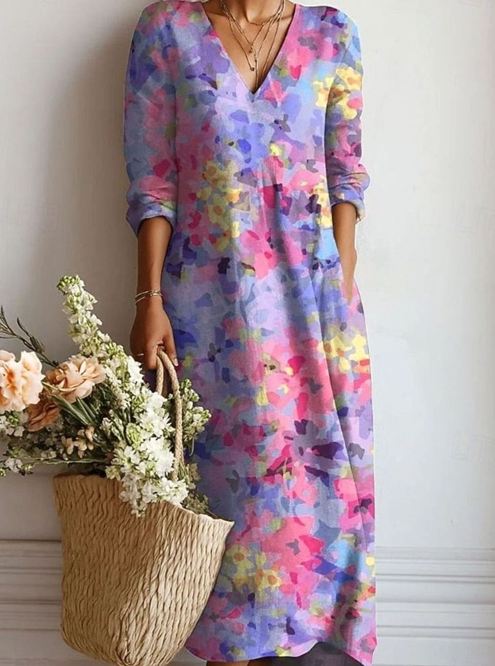 Women's Relaxed Fit Floral Print Long Sleeve Dress V-Neck Maxi - Purple