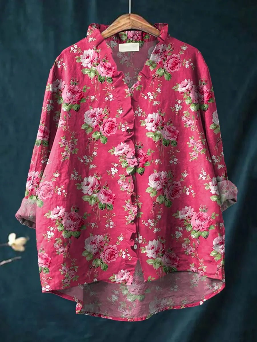 Women's Relaxed-Fit Floral Ruffle Long-Sleeve Linen Blouse