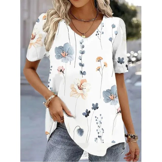 Women's Relaxed-Fit Floral V-Neck Short Sleeve Top - White