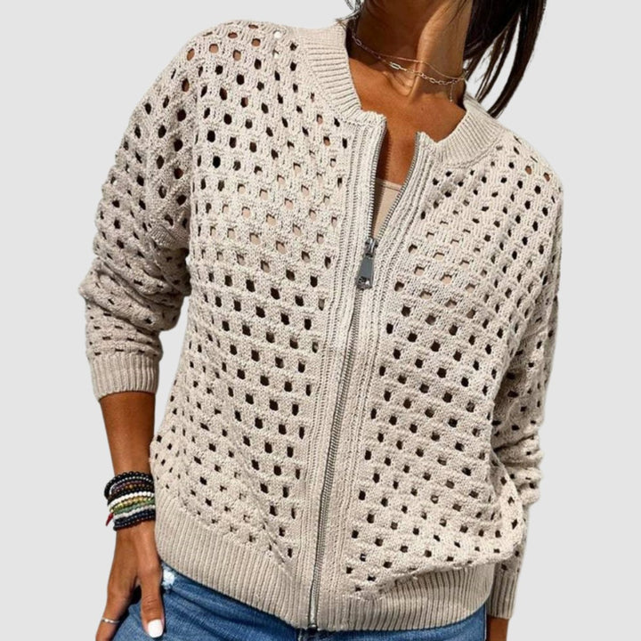 Women's Relaxed-Fit Hollow-Knit Zip-Up Cardigan - Beige
