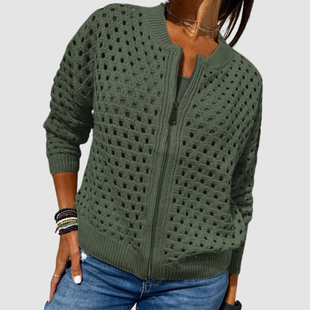 Women's Relaxed-Fit Hollow-Knit Zip-Up Cardigan - Green