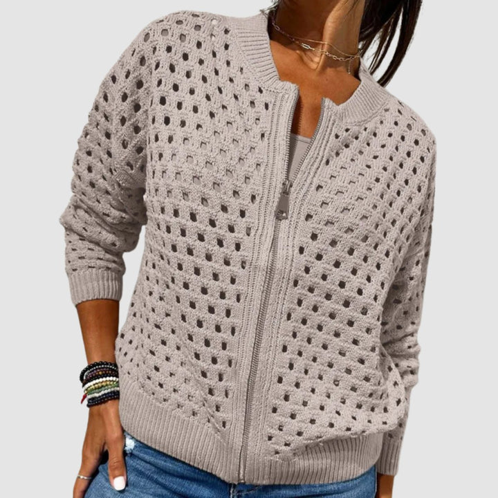 Women's Relaxed-Fit Hollow-Knit Zip-Up Cardigan - Khaki