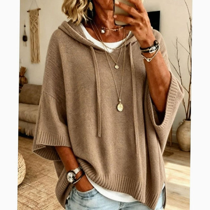 Women's Relaxed-Fit Hooded Knit Drawstring Sweater - Khaki