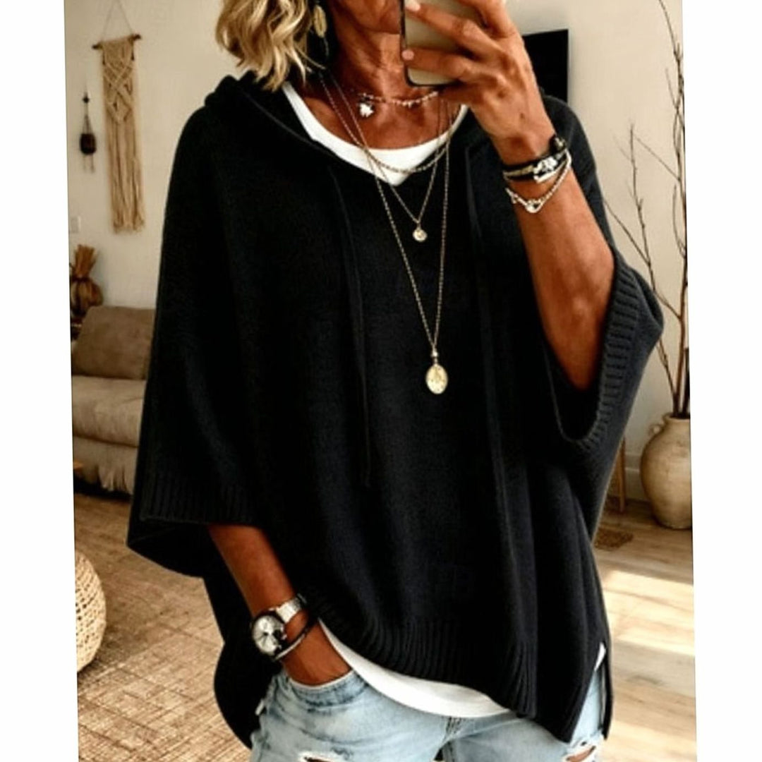 Women's Relaxed-Fit Hooded Knit Drawstring Sweater - Black