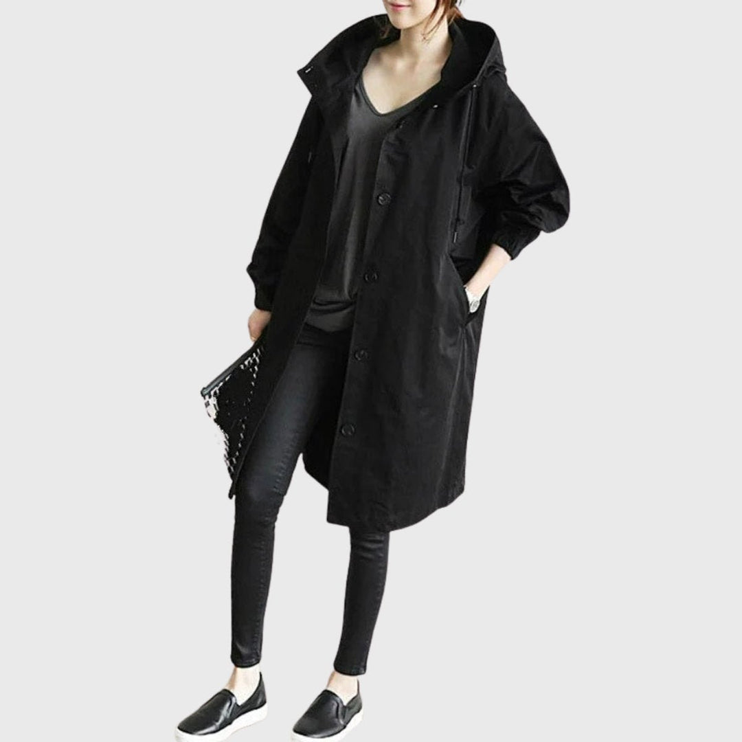 Women's Relaxed-Fit Hooded Waterproof Long Trench Coat - Black