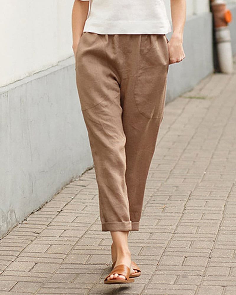 Women's Relaxed-Fit Linen-Cotton Tapered Pants Elastic Waist - Khaki