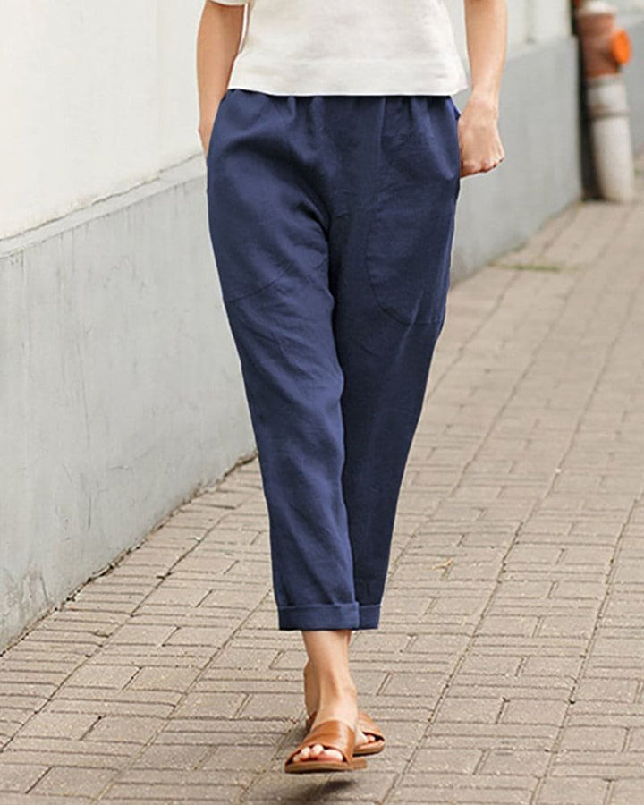 Women's Relaxed-Fit Linen-Cotton Tapered Pants Elastic Waist - Dark Blue