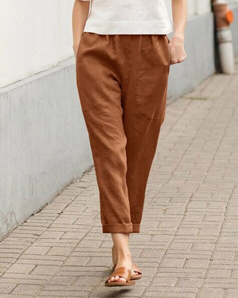 Women's Relaxed-Fit Linen-Cotton Tapered Pants Elastic Waist - Brown