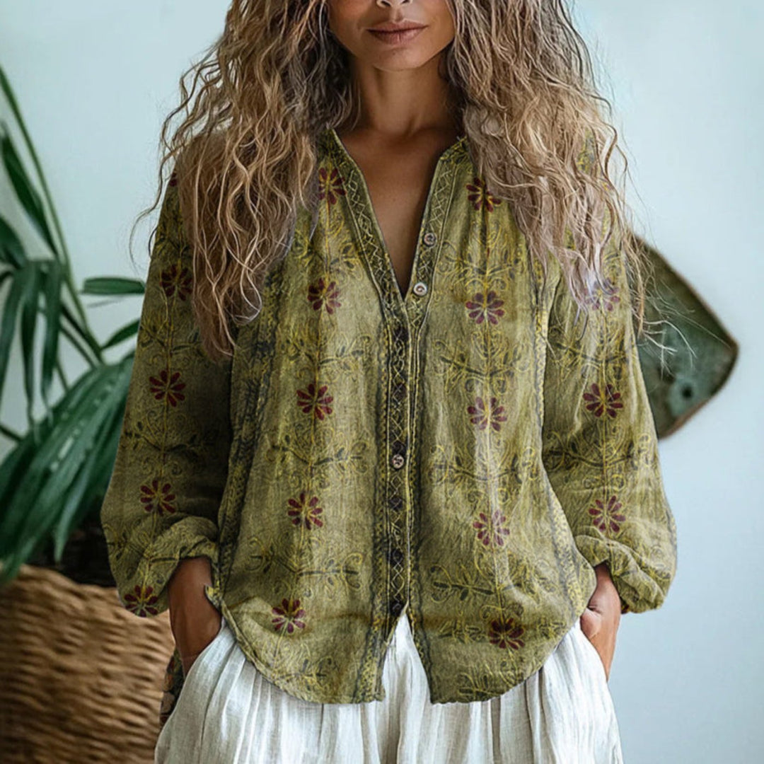 Women's Relaxed-Fit Linen Long-Sleeve V-Neck Button-Down Blouse - Light Olive Green