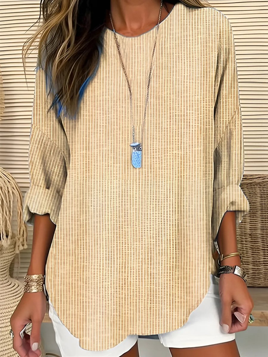 Women's Relaxed-Fit Long-Sleeve Striped Crew-Neck Blouse - Khaki