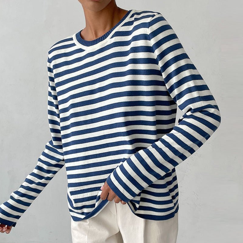Women's Relaxed-Fit Long-Sleeve Striped Crewneck Sweater - Blue