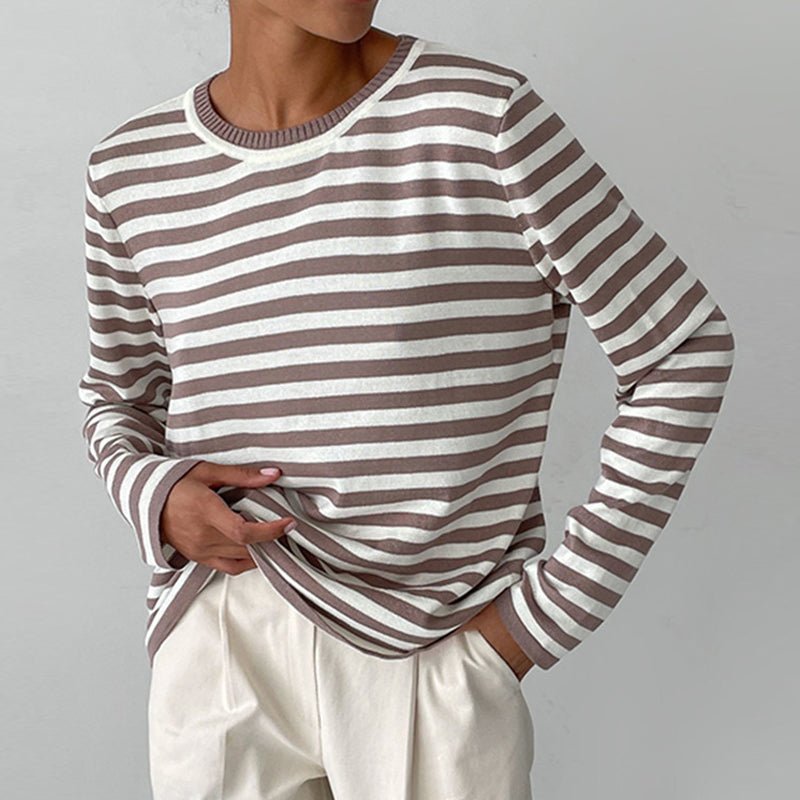 Women's Relaxed-Fit Long-Sleeve Striped Crewneck Sweater - Brown