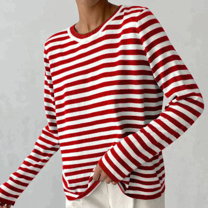 Women's Relaxed-Fit Long-Sleeve Striped Crewneck Sweater - Red