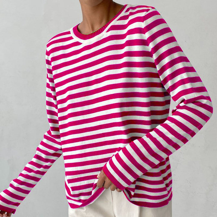 Women's Relaxed-Fit Long-Sleeve Striped Crewneck Sweater - Pink