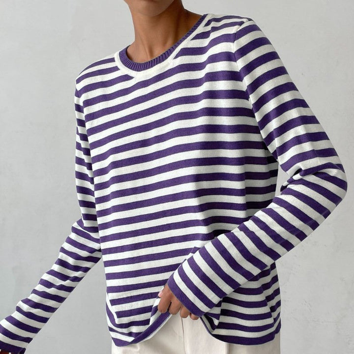 Women's Relaxed-Fit Long-Sleeve Striped Crewneck Sweater - Purple