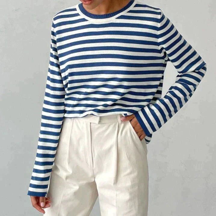 Women's Relaxed-Fit Long-Sleeve Striped Crewneck Sweater