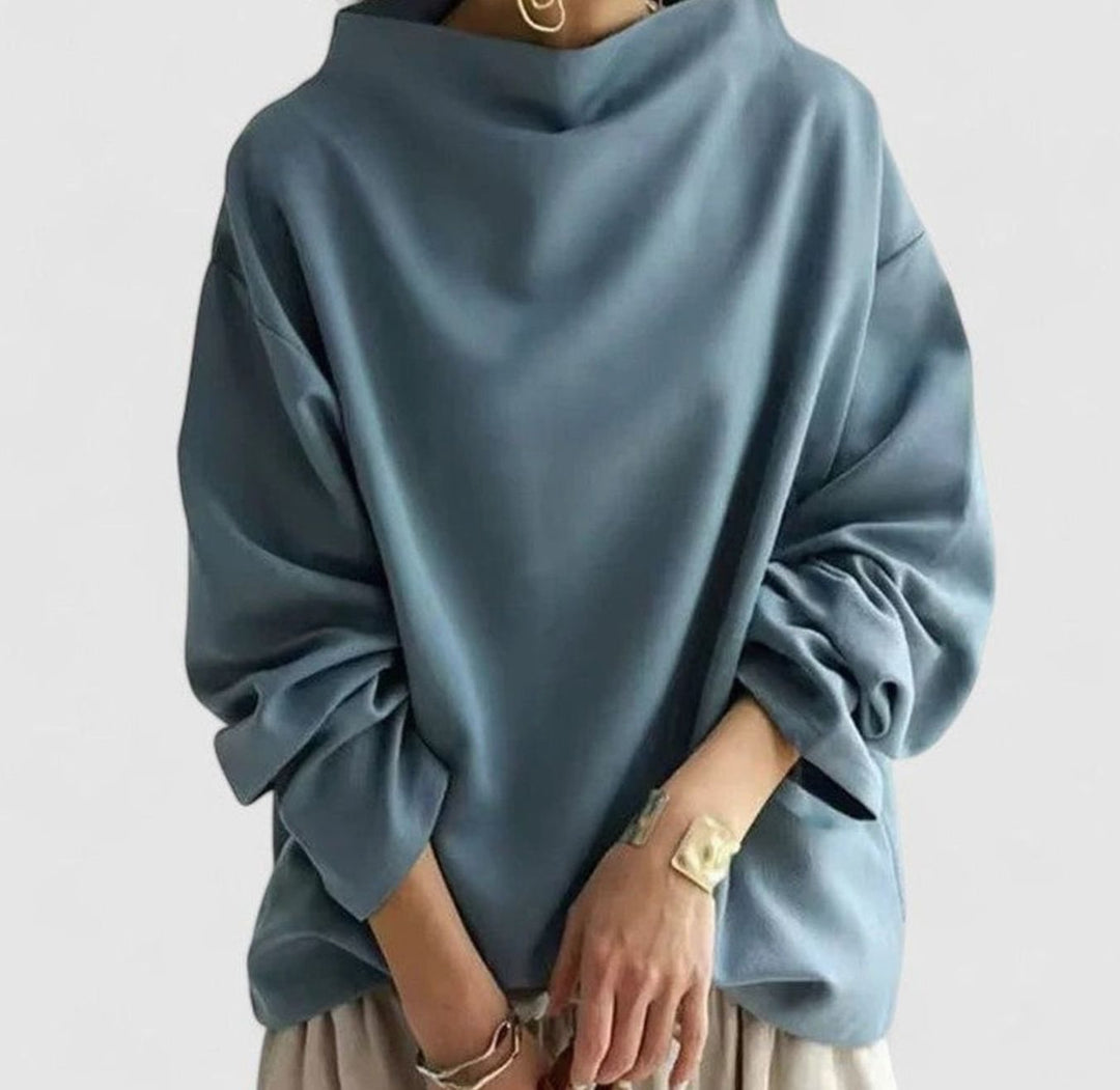 Women's Relaxed-Fit Mock-Neck Long-Sleeve Elegant Top - Blue