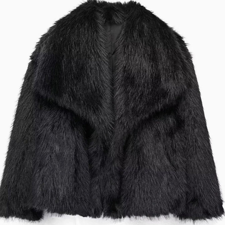 Women's Relaxed Fit Open Front Faux Fur Jacket - Black