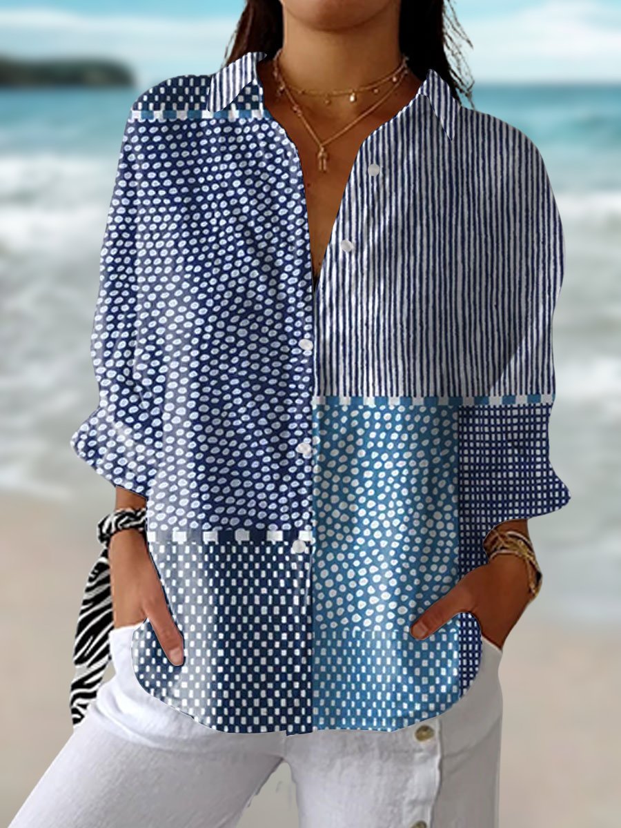 Women's Relaxed-Fit Patchwork Long-Sleeve Button-Down Blouse - Multicolour