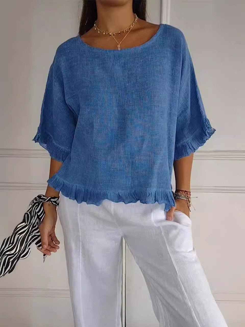 Women's Relaxed-Fit Ruffle-Hem Short-Sleeve Linen Blouse - Blue (Almost sold out)