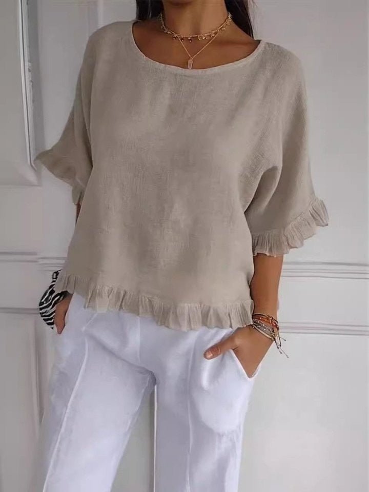 Women's Relaxed-Fit Ruffle-Hem Short-Sleeve Linen Blouse - Beige
