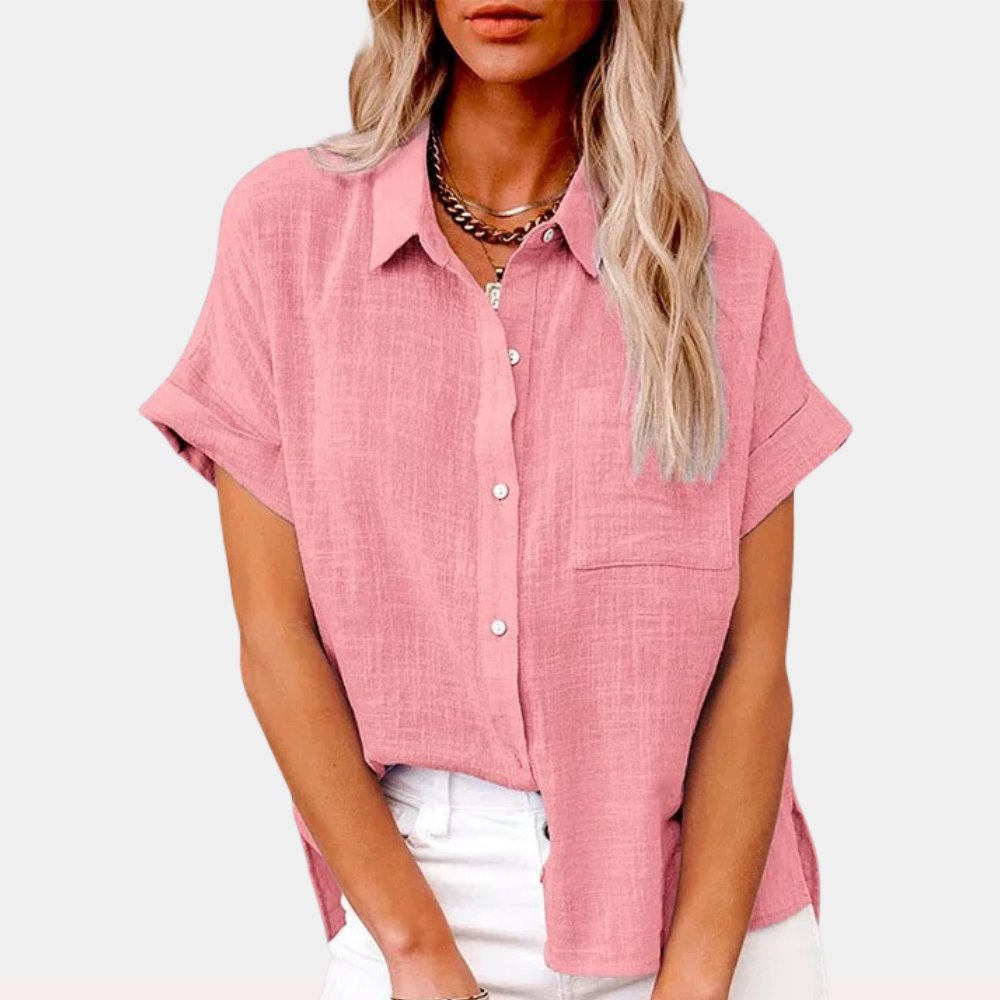 Women's Relaxed-Fit Short-Sleeve Button-Down Shirt Front Pocket - Pink
