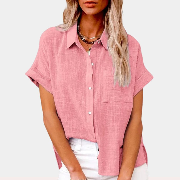 Women's Relaxed-Fit Short-Sleeve Button-Down Shirt Front Pocket - Pink