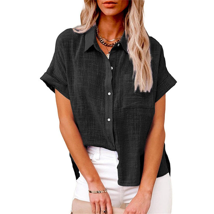 Women's Relaxed-Fit Short-Sleeve Button-Down Shirt Front Pocket - Black