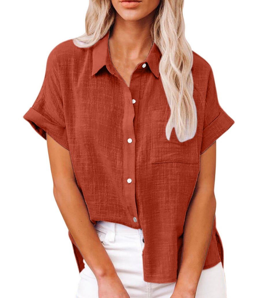 Women's Relaxed-Fit Short-Sleeve Button-Down Shirt Front Pocket - Red