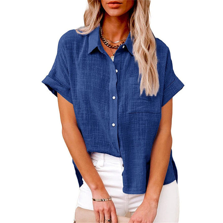Women's Relaxed-Fit Short-Sleeve Button-Down Shirt Front Pocket - Royal Blue