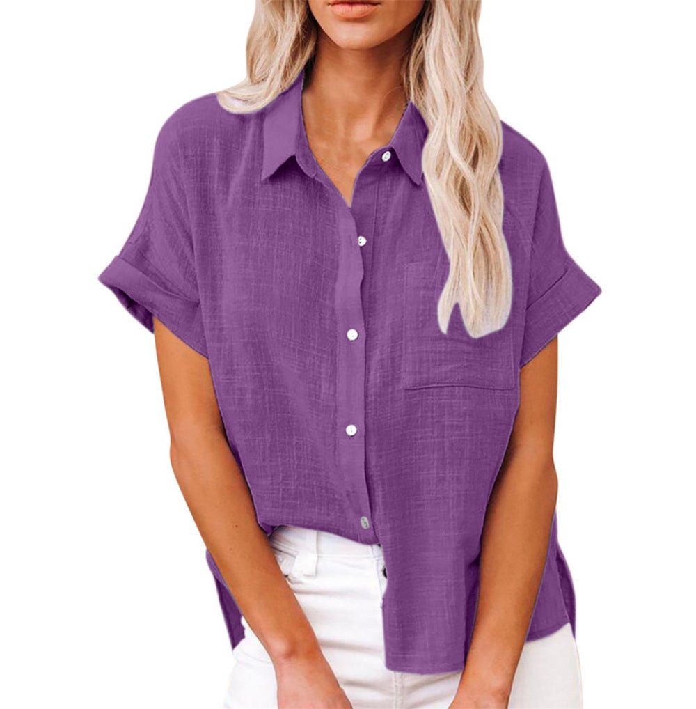 Women's Relaxed-Fit Short-Sleeve Button-Down Shirt Front Pocket - Purple