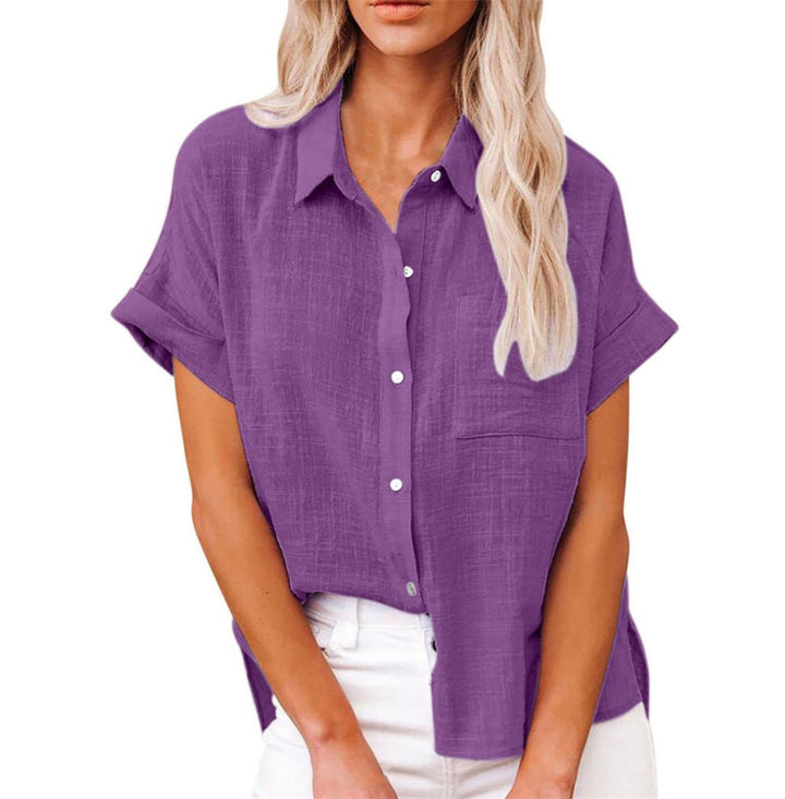 Women's Relaxed-Fit Short-Sleeve Button-Down Shirt Front Pocket - Purple