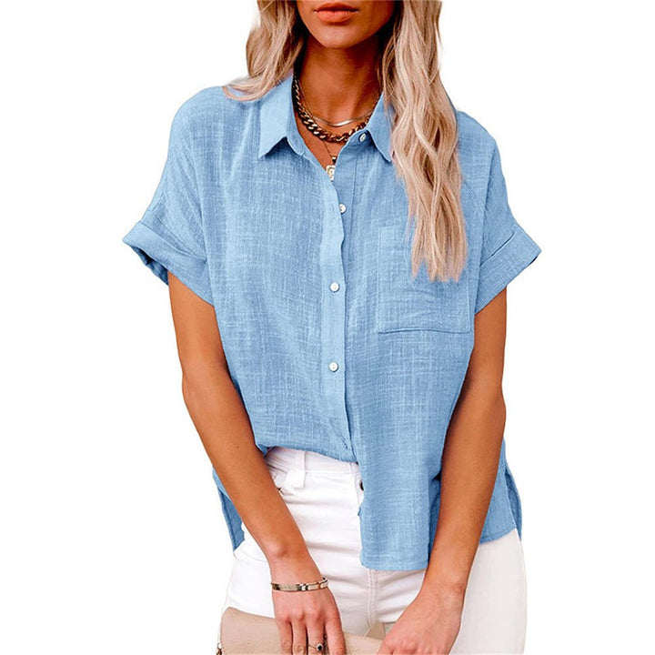 Women's Relaxed-Fit Short-Sleeve Button-Down Shirt Front Pocket - Light Blue