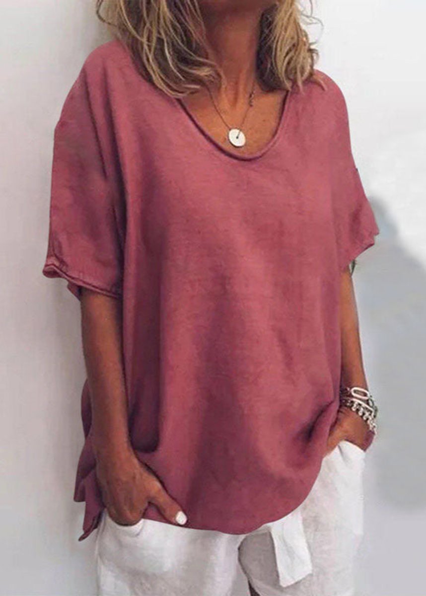Women's Relaxed-Fit Short-Sleeve Casual Loose Blouse Top - Dark Pink