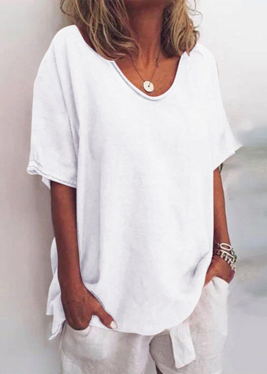 Women's Relaxed-Fit Short-Sleeve Casual Loose Blouse Top - White