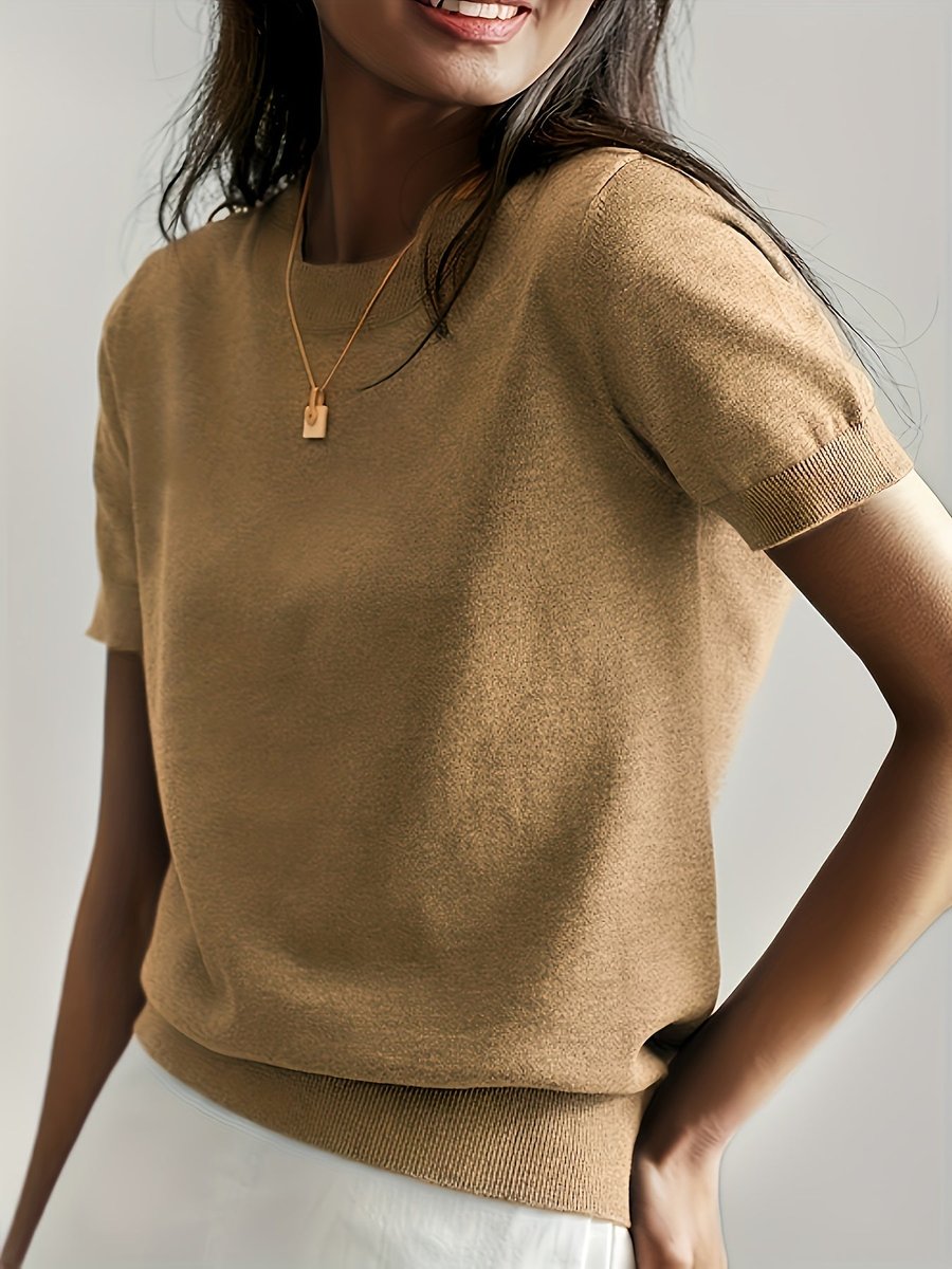 Women's Relaxed-Fit Short-Sleeve Knit Sweater Top - Earth Tone