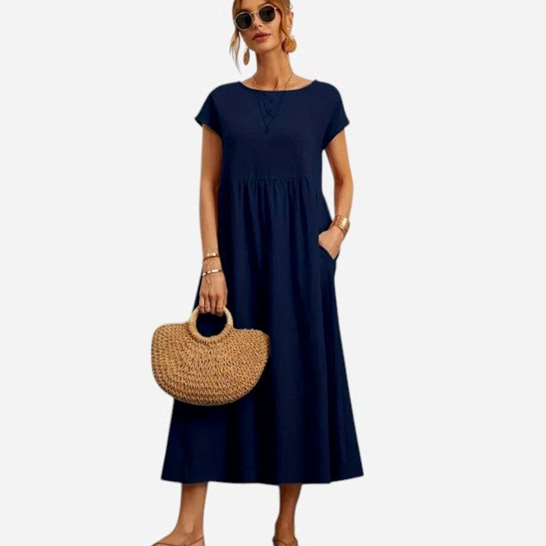 Women's Relaxed-Fit Short-Sleeve Smocked Midi Sundress Pockets - Dark Blue