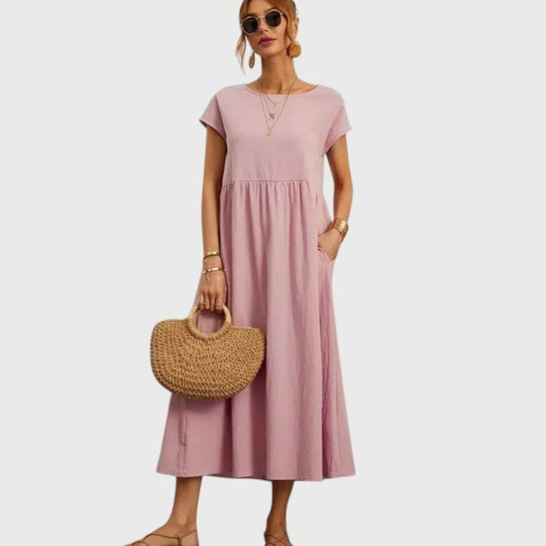 Women's Relaxed-Fit Short-Sleeve Smocked Midi Sundress Pockets - Rose
