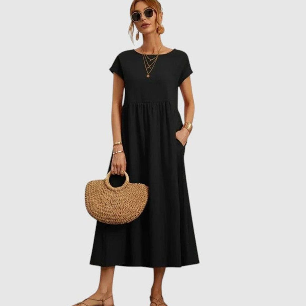 Women's Relaxed-Fit Short-Sleeve Smocked Midi Sundress Pockets - Black