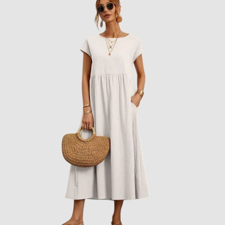 Women's Relaxed-Fit Short-Sleeve Smocked Midi Sundress Pockets - White