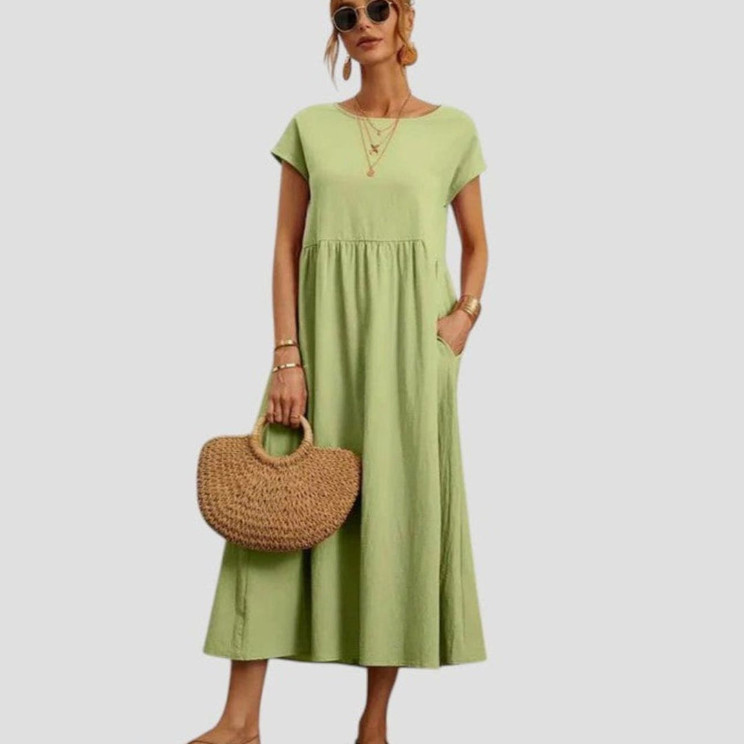 Women's Relaxed-Fit Short-Sleeve Smocked Midi Sundress Pockets - Light Green