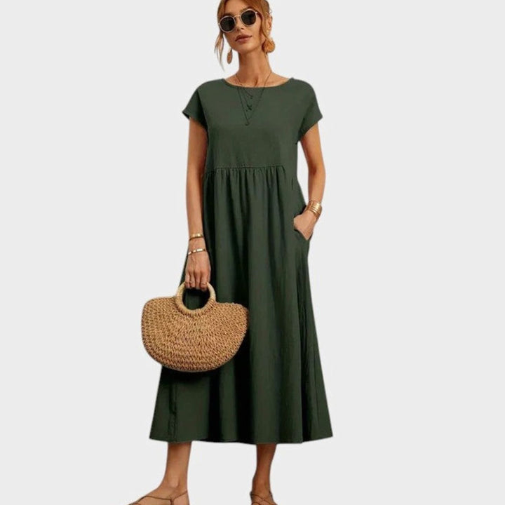 Women's Relaxed-Fit Short-Sleeve Smocked Midi Sundress Pockets - Dark Green