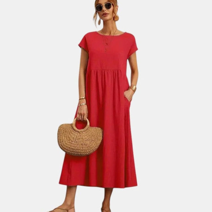 Women's Relaxed-Fit Short-Sleeve Smocked Midi Sundress Pockets - Red