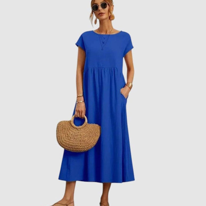 Women's Relaxed-Fit Short-Sleeve Smocked Midi Sundress Pockets - Blue