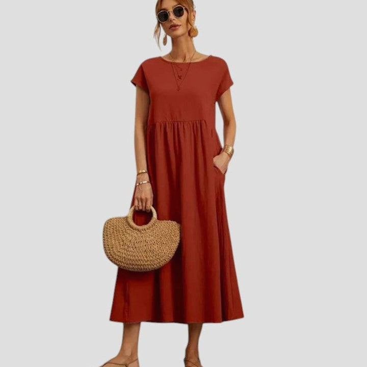Women's Relaxed-Fit Short-Sleeve Smocked Midi Sundress Pockets - Rust